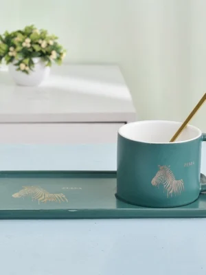 ชุดถ้วยกาแฟเซรามิค ชุดแก้วกาแฟเซรามิค พร้อมถาดรอง สไตล์ยุโรป 1เซต ได้ 3ชิ้น สีเขียว