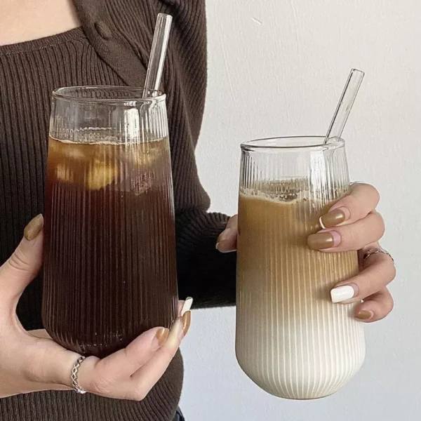 แก้วใสลายตรง แก้วกาแฟ ทรงกลม ทนความร้อน สีโปร่งใส แบบเรียบง่าย 500ml - Image 2