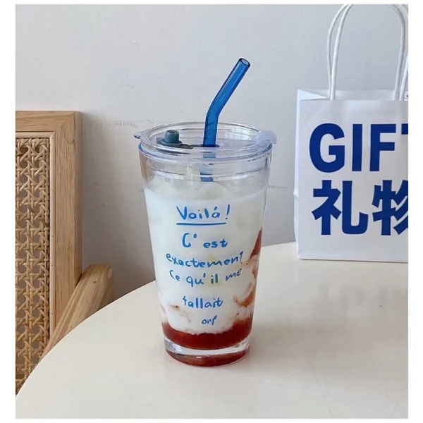 แก้วน้ําเก็บความเย็น 450ml-ถ้วยกาแฟ-มีหลอดและฝาปิด